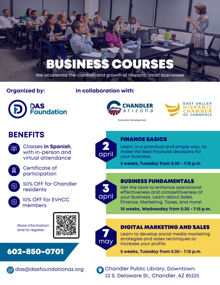 The picture is a flyer detailing Chandler business courses. DAS Foundation will offer 3 business courses, finance basics, business fundamentals and digital marketing.